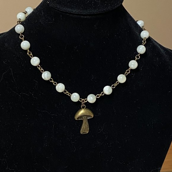 Natural Pale Green Serpentine Necklace, Bronze Slim Mushroom + Genuine Gemstone - Picture 3 of 14